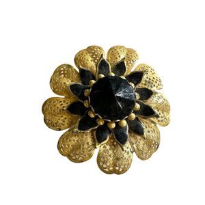 Gold Tone Black Stone Floral Brooch Vintage Light Weight